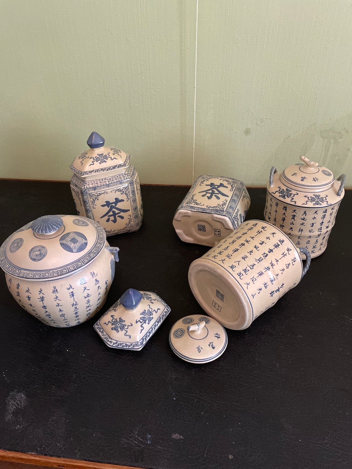 Set van 6 antieke Chinese theebussen met kalligrafie, Ophalen