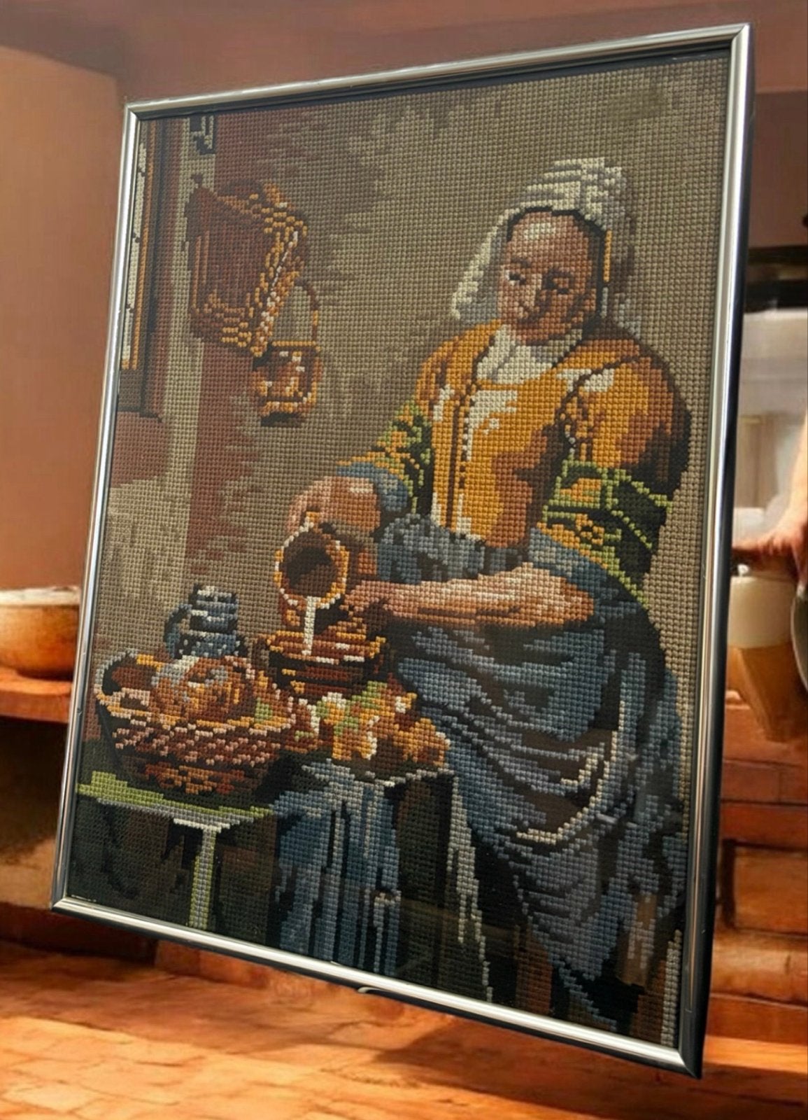 Borduurwerk 'Het Melkmeisje' - Klassiek Meesterwerk, Doek, Portret of Personen, Overige technieken, Ophalen of Verzenden