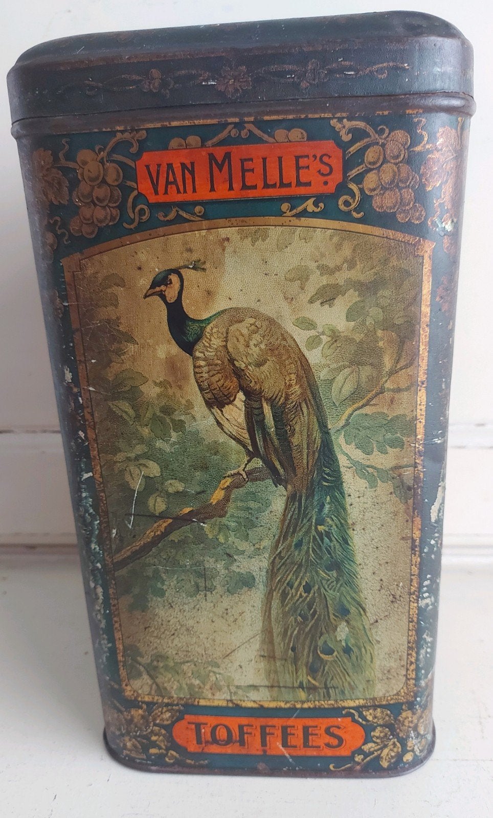 Antiek toffees blik van Melle Breskens,met vogels ,29 cm h, Verzamelen, Blikken, Ophalen of Verzenden, Gebruikt, Overige