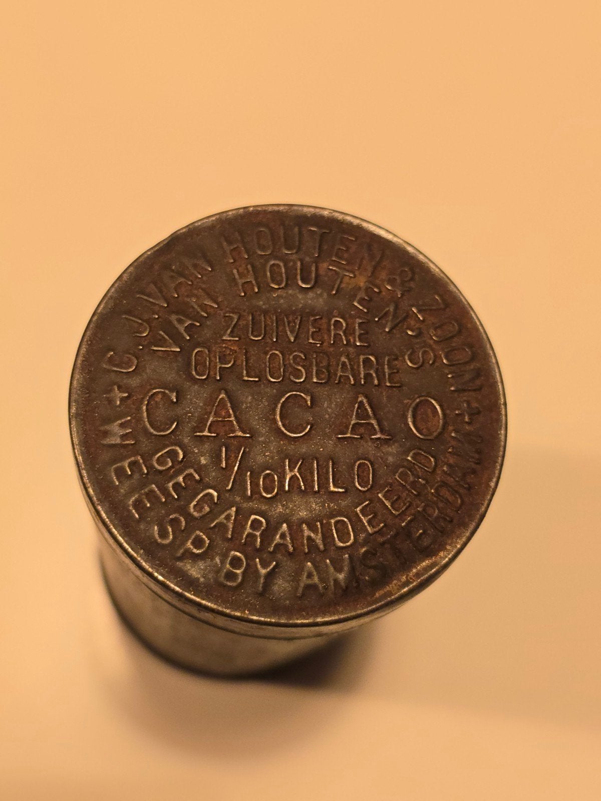 Zeer zeldzaam 19de eeuw C.J.van Houten Cacao blik 1/10 kilo, Verzamelen, Blikken, Ophalen of Verzenden, Gebruikt, Overige