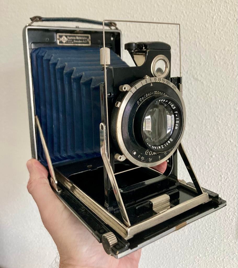 Patent Etui blauwe uitvoering 9x12 platencamera balgcamera, Verzamelen, Fotografica en Filmapparatuur, Verzenden, Fototoestel