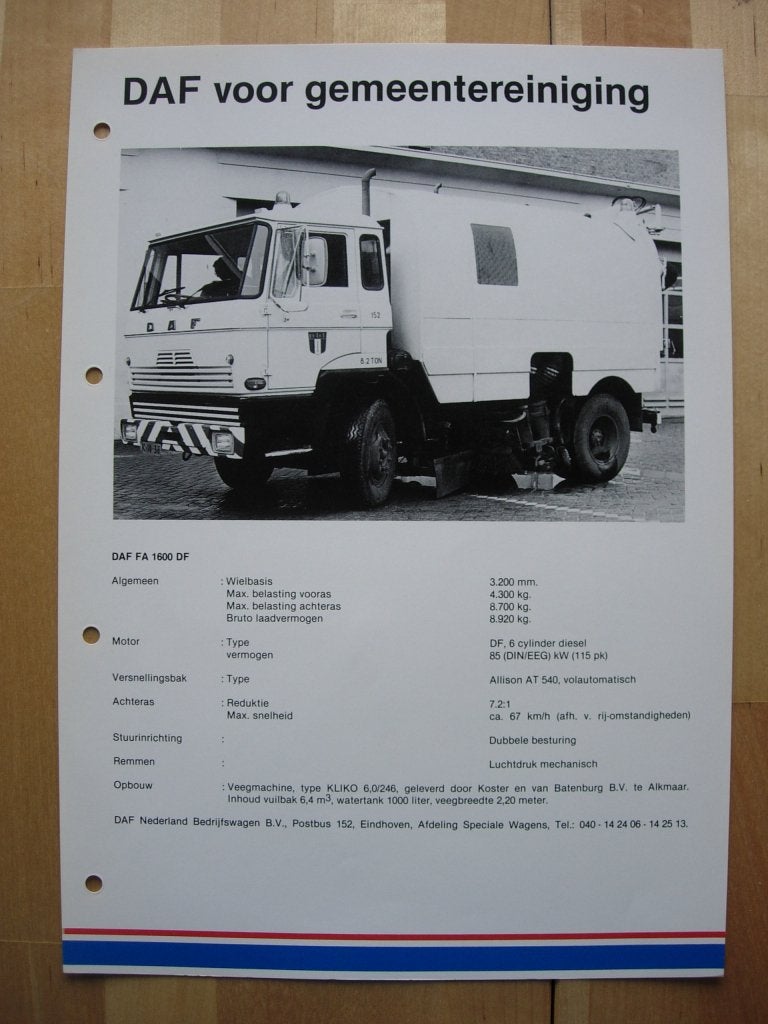 DAF FA 1600 DF Technische Specificatie Folder 1981 – 4x2, Ophalen of Verzenden, Zo goed als nieuw, Overige merken, DAF