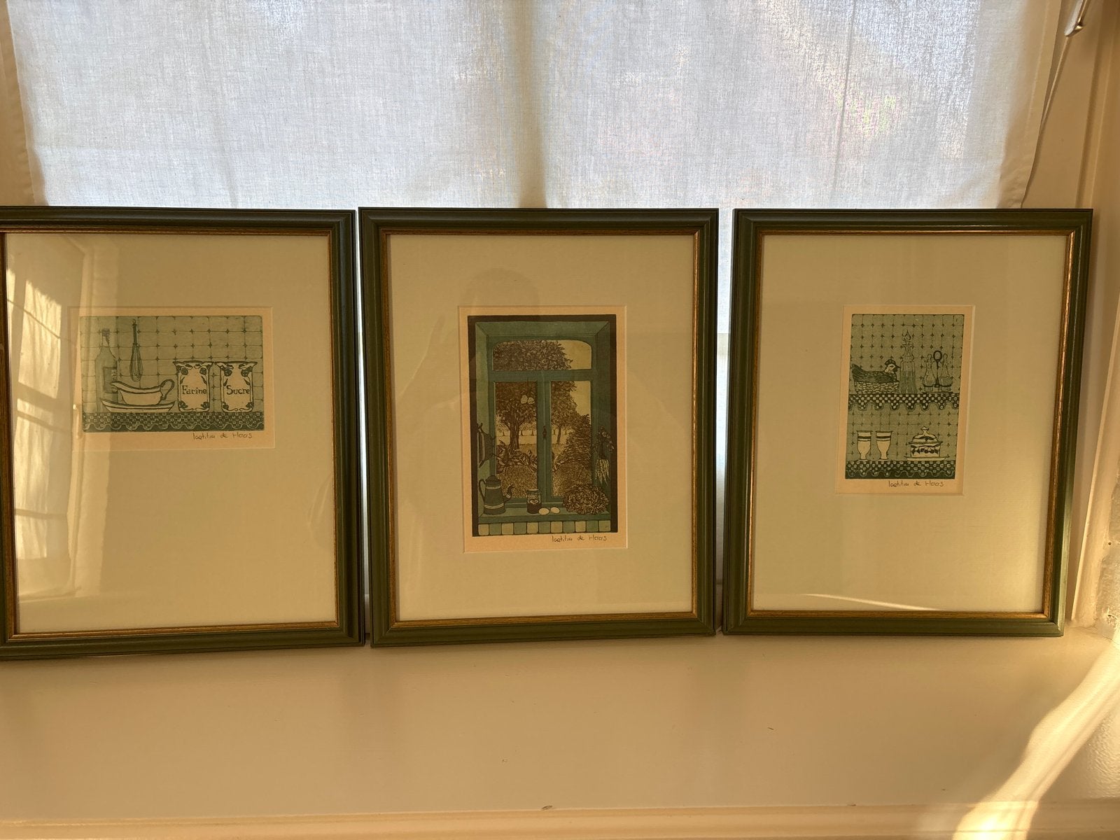 Set van 3 ingelijste etsen van Laetitia de Haas, Ophalen, Dagelijks leven, Gesigneerd, 1950 - 1999