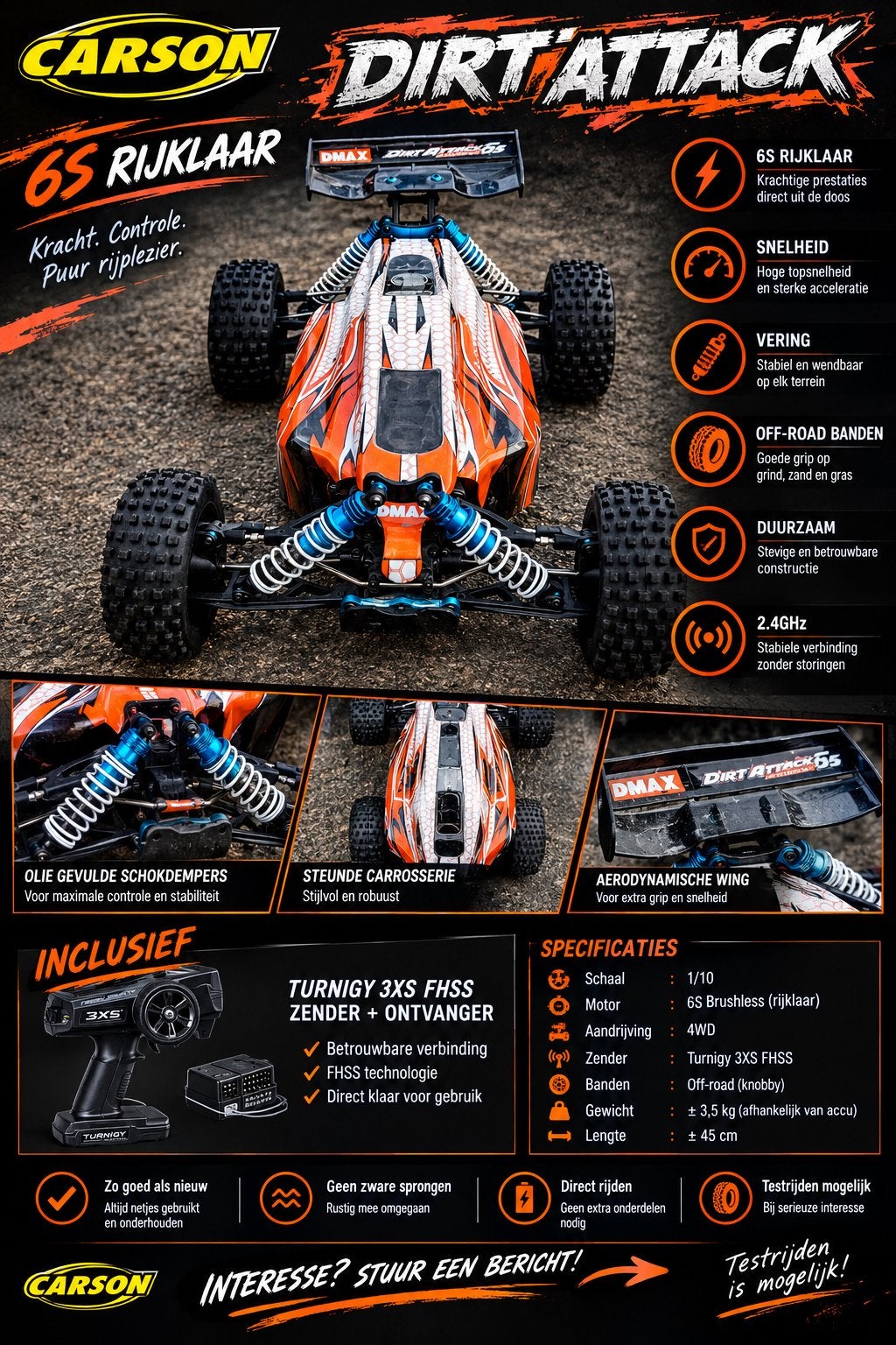 Carson Dirt Attack 6S RC-auto - Zo goed als nieuw, Elektro, Auto offroad, Ophalen of Verzenden, Zo goed als nieuw