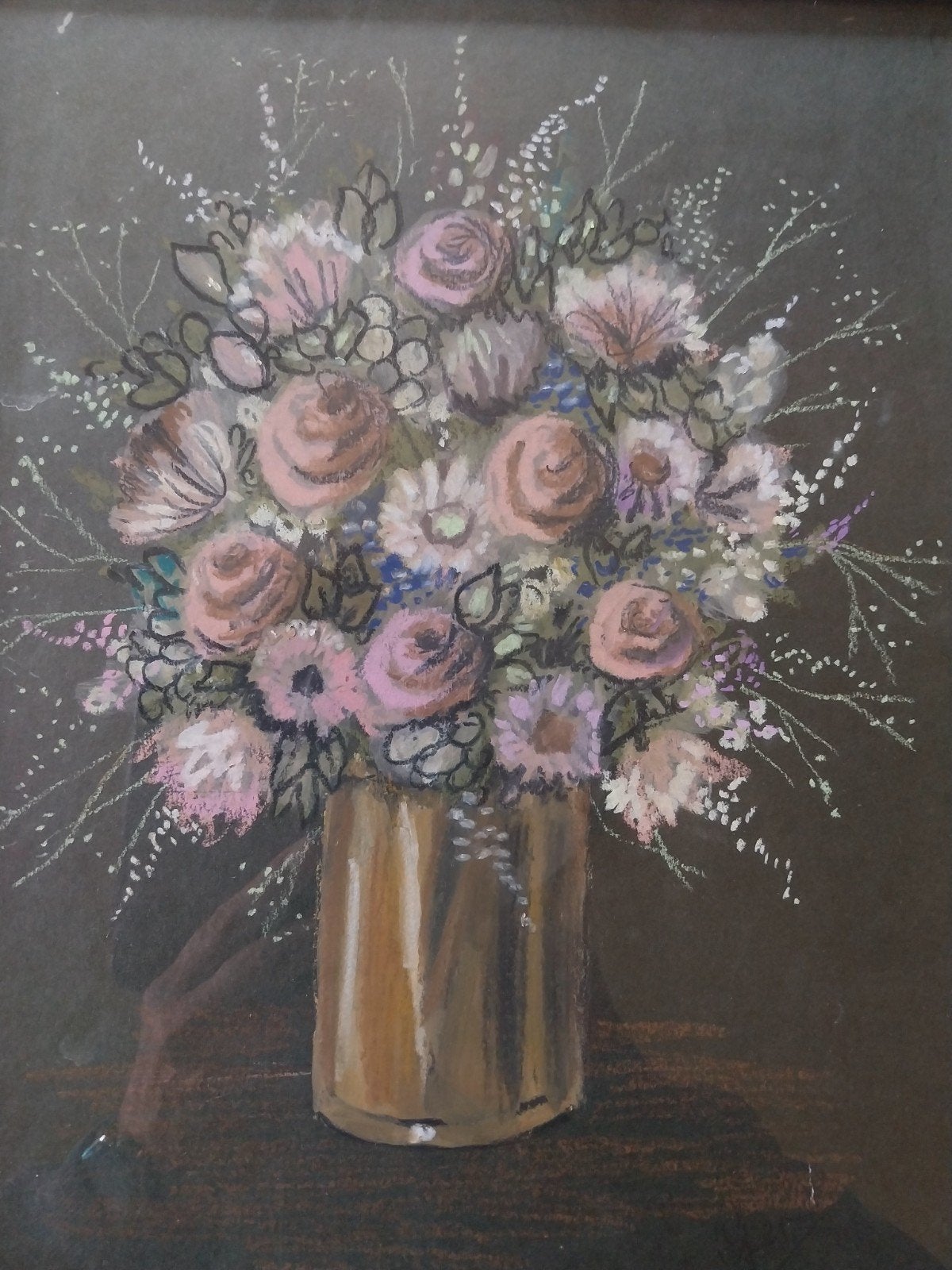 Bloemstilleven met krijt gemaakt., Antiek en Kunst, Ophalen of Verzenden