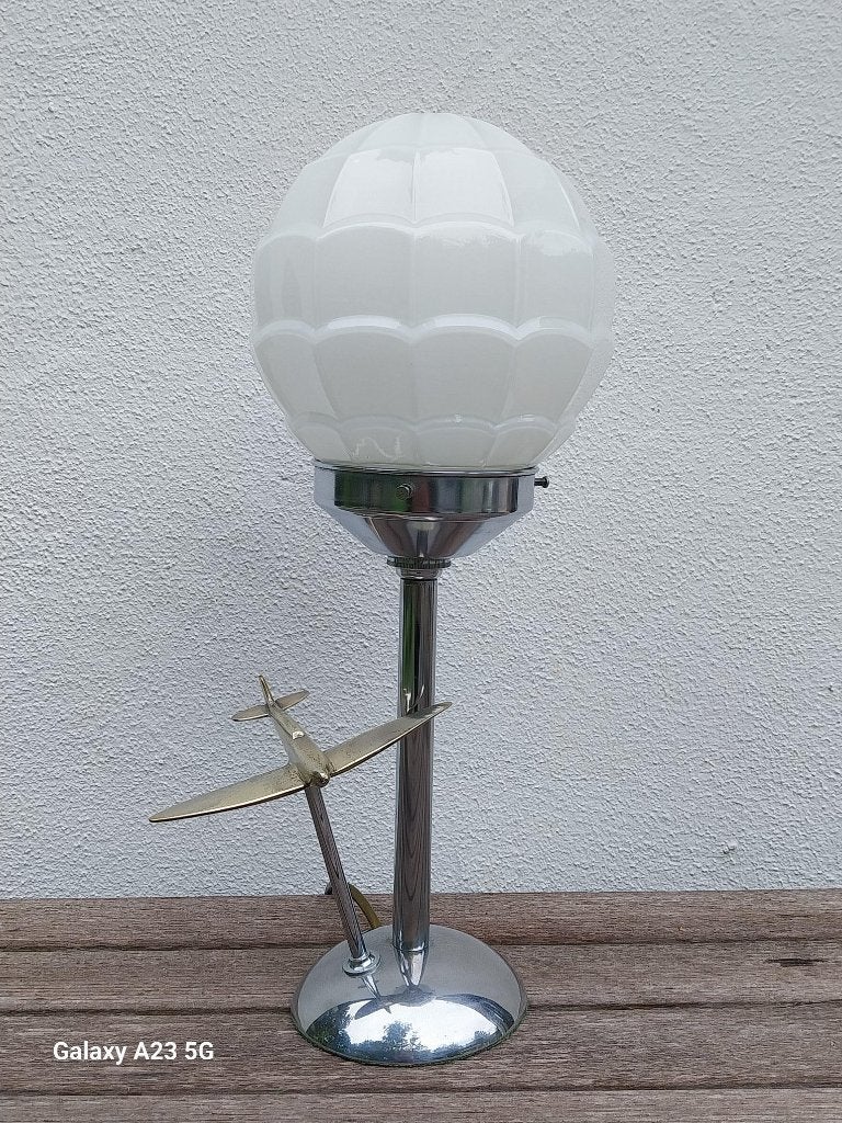 Art Deco aviation tafellamp vliegtuig opaline glas, Ophalen of Verzenden