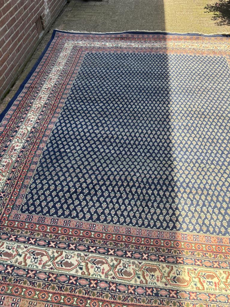 Groot Perzisch tapijt, donkerblauw met rood/beige patroon, Ophalen, Gebruikt, Blauw, 200 cm of meer