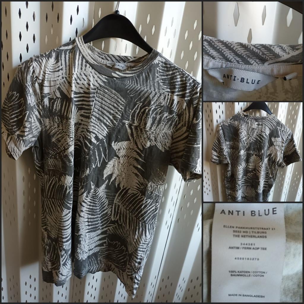 Anti Blue grijs-wit heren  T-shirt met bladprint S, Ophalen of Verzenden, Zo goed als nieuw, Anti Blue, Grijs
