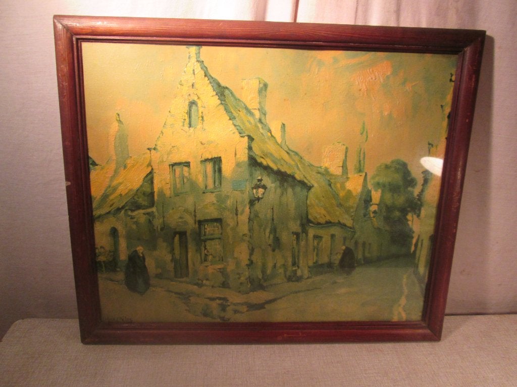 Mooi Oud geschilderd Aquarel - 19de Eeuwse Dorp - J Celos, Gesigneerd, Ophalen of Verzenden, Landschap, Aquarel