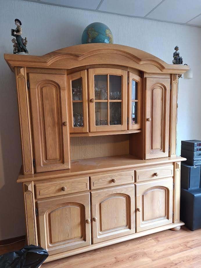 Blank eiken kast met vitrine, laden, planken, Ophalen, Gebruikt, Met deur(en), 150 tot 200 cm