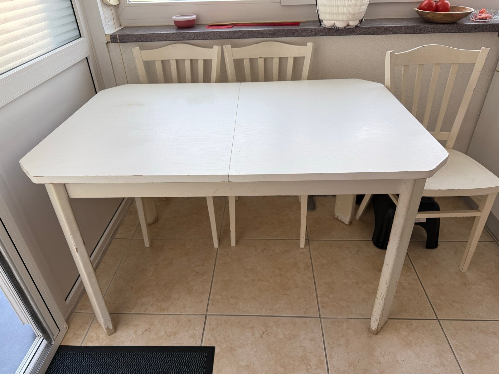 Uitschuifbare eettafel met 6 stoelen, Huis en Inrichting, Ophalen, Gebruikt, 50 tot 100 cm, Vijf personen of meer