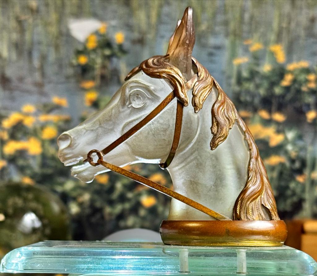 Art Deco Paardenhoofd Sculptuur - Mat Glas & Bronskleur, Ophalen, Glas, Minder dan 20 cm, Art deco