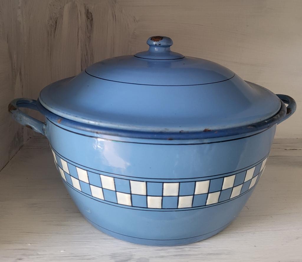 Vintage blauwe emaille pan met witte blokjes Toen was geluk, Antiek en Kunst, Ophalen of Verzenden