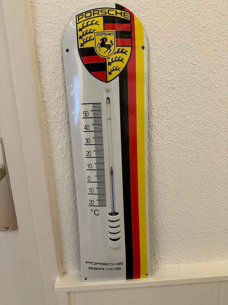 Emaille Porsche thermometer - Zo goed als nieuw, Ophalen of Verzenden, Zo goed als nieuw, Binnenthermometer