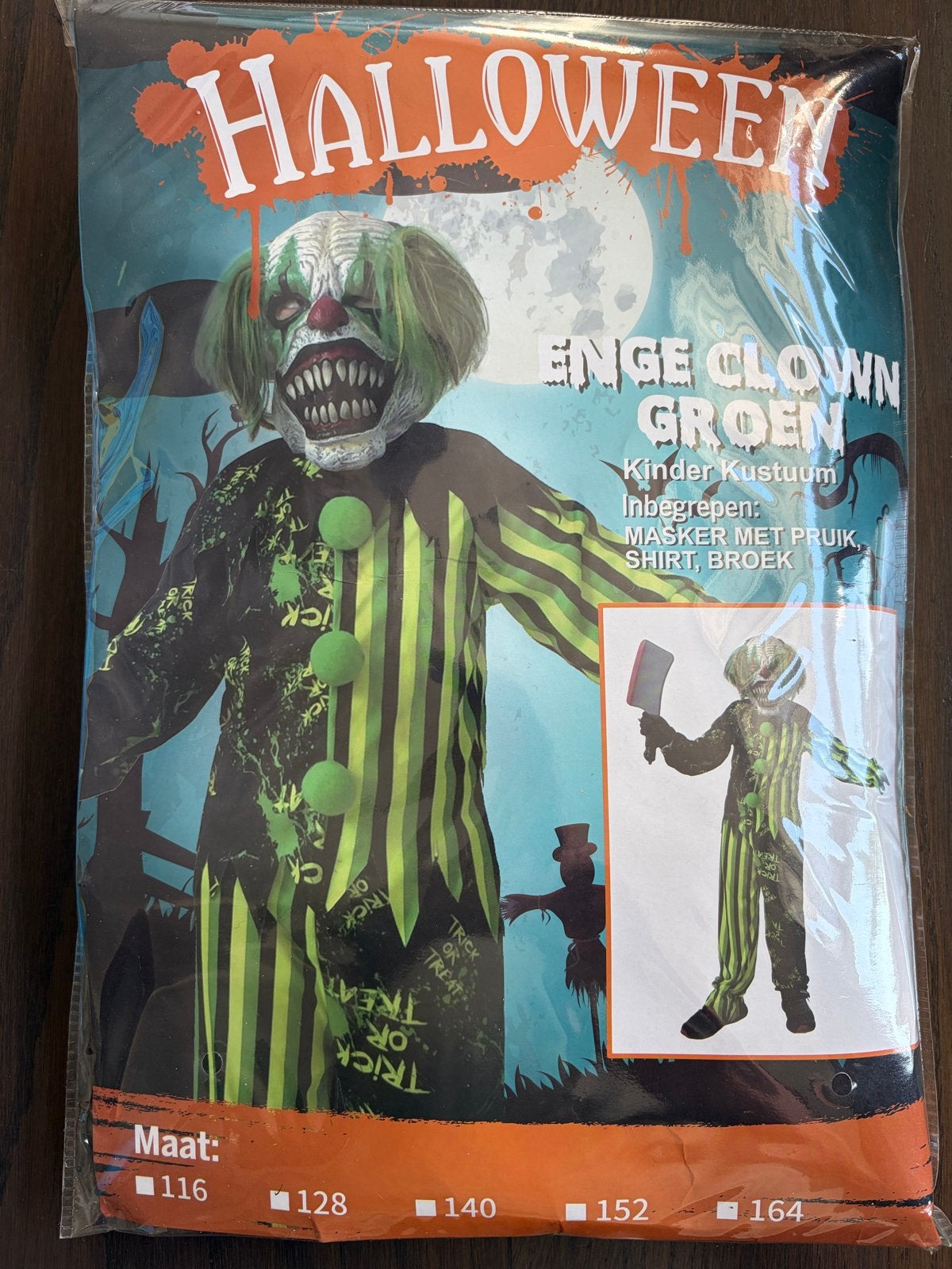 Halloween Clown Kostuum Groen - kinderen - Maat 128, Ophalen, Nieuw, 122 t/m 128, Jongen of Meisje