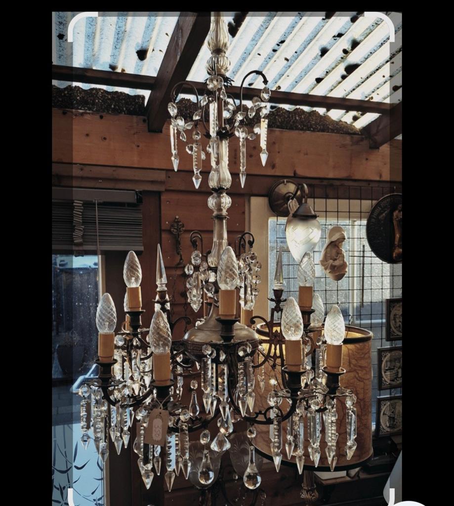 Antieke Franse Kroonluchter met Kristal en Koper 95h.50d, Ophalen