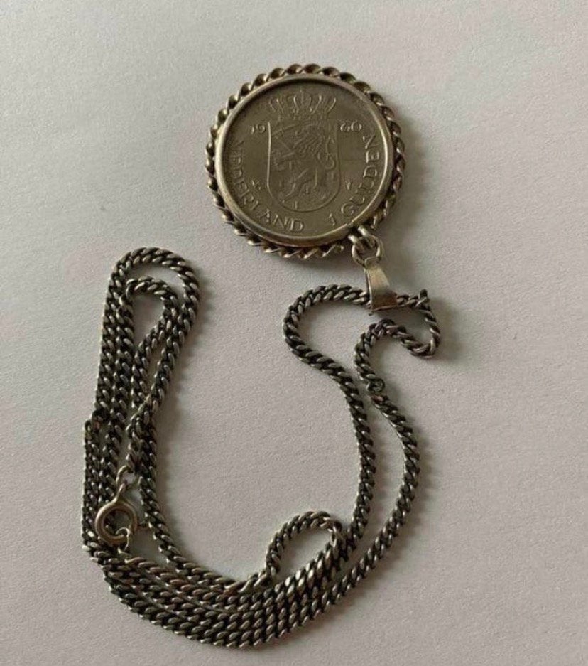 Zilveren Ketting (925) Met 1 Gulden Munt 1980, Met hanger, Verzenden, Zo goed als nieuw, Zilver