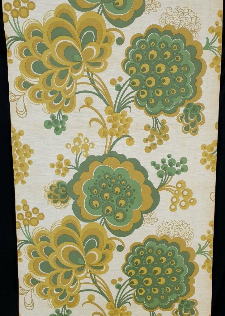 13367 Vintage groovy bloemen behang in groen en geel swiet, Ophalen of Verzenden, Geel