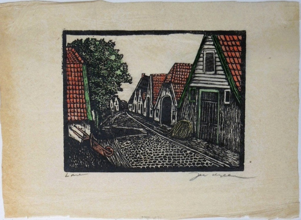 Jac de Beer 2 houtsnedes (1 zwart en 1 in kleur) "Laren", Ophalen, Stadsgezicht, Gesigneerd, Houtsnede