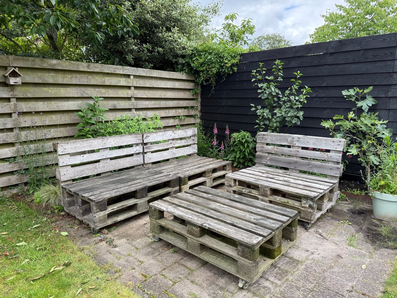 Palletbank Loungeset met wieltjes, Ophalen, 4 zitplaatsen, Gebruikt, Loungeset