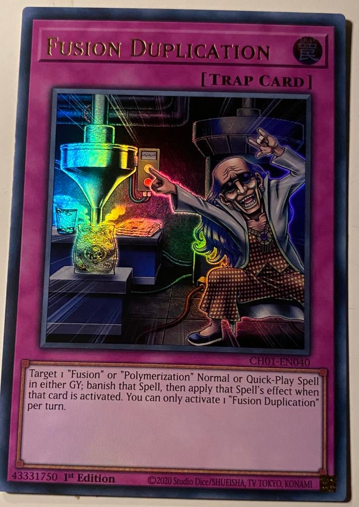 Yu-Gi-Oh! Fusion Duplication CH01 1st Edition !, Ophalen of Verzenden, Zo goed als nieuw, Losse kaart, Foil