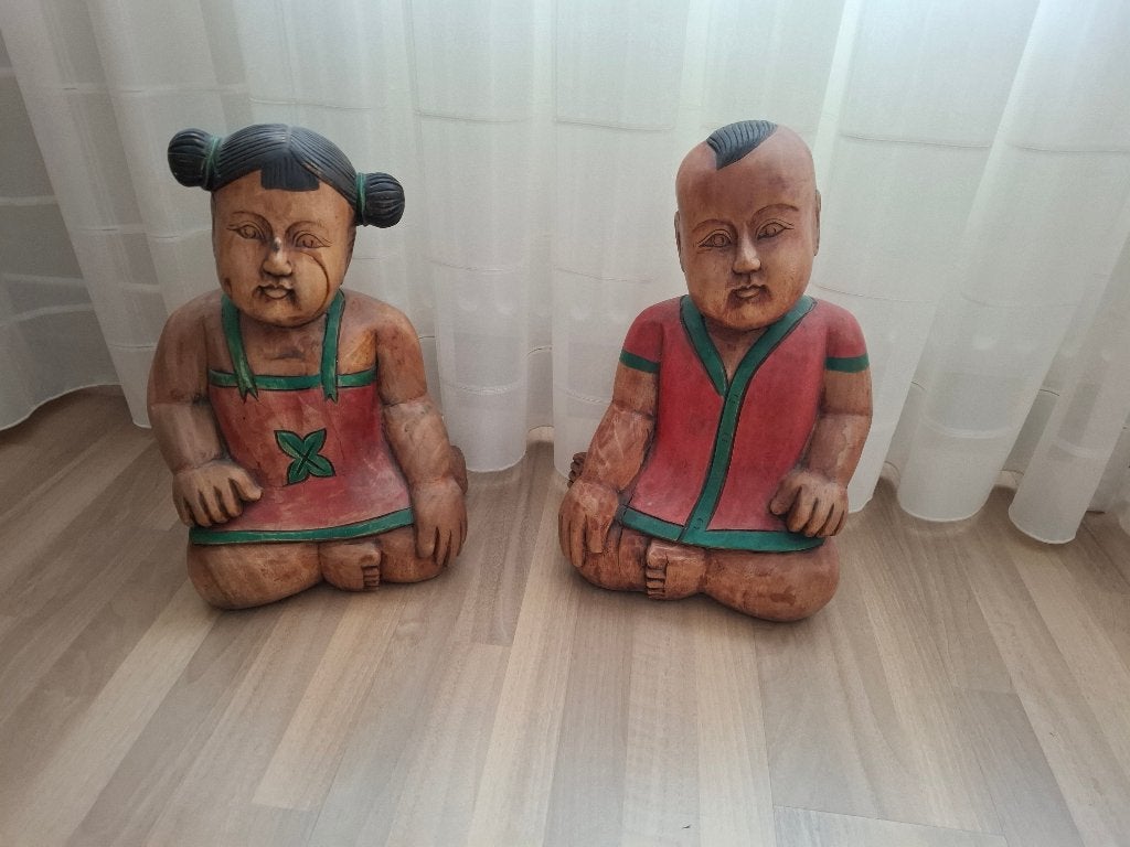 Houten jongen en meisje beeld, Ophalen, Hout, Houtsnijwerk, Meerkleurig
