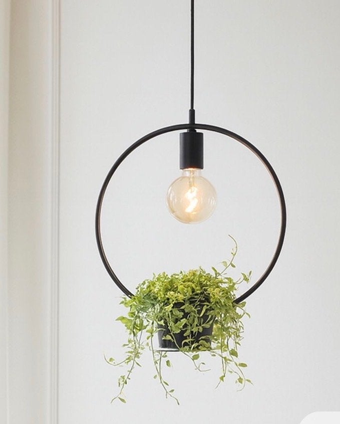 4 Hanglamp met plantenhouder - Zwart metaal, E27 fitting, Ophalen of Verzenden, Nieuw, Metaal, E27 (groot)