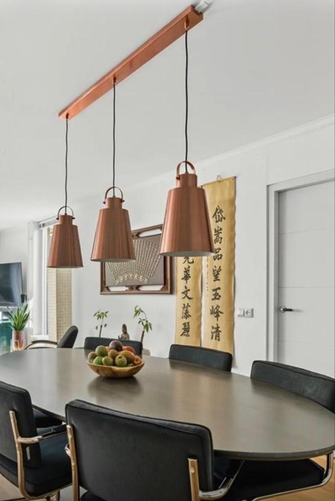 3-delige koperkleurige hanglamp - Rietveld Light, Huis en Inrichting, Lampen | Hanglampen, Ophalen, Zo goed als nieuw, Metaal