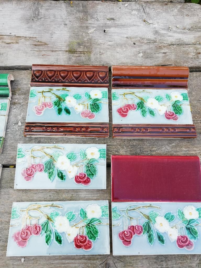 50 art nouveau randtegels met kersen bloesemtak, Antiek en Kunst, Ophalen