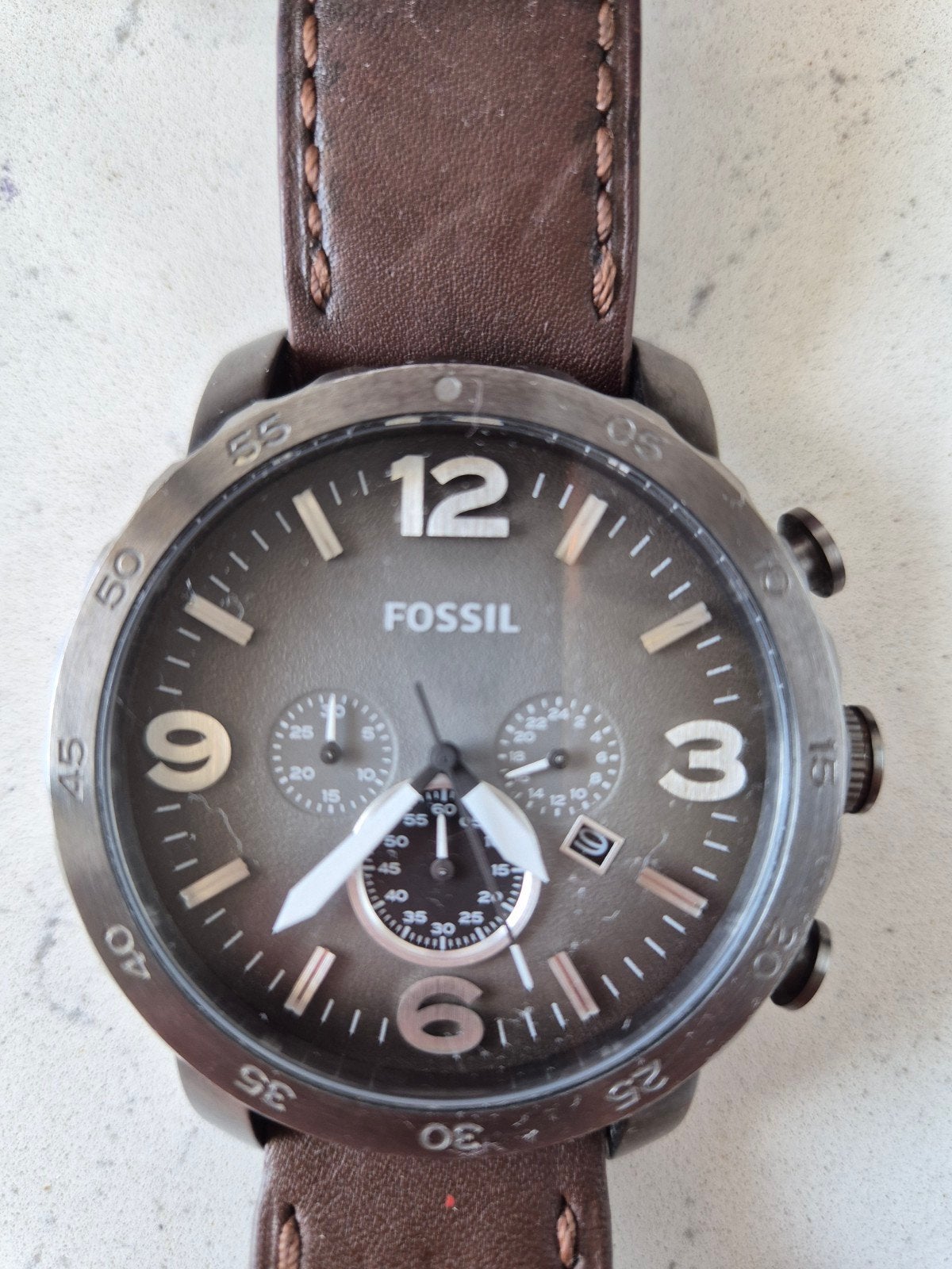 Fossil Herenhorloge met Bruine Leren Band, Overige merken, Staal, Polshorloge, Ophalen of Verzenden