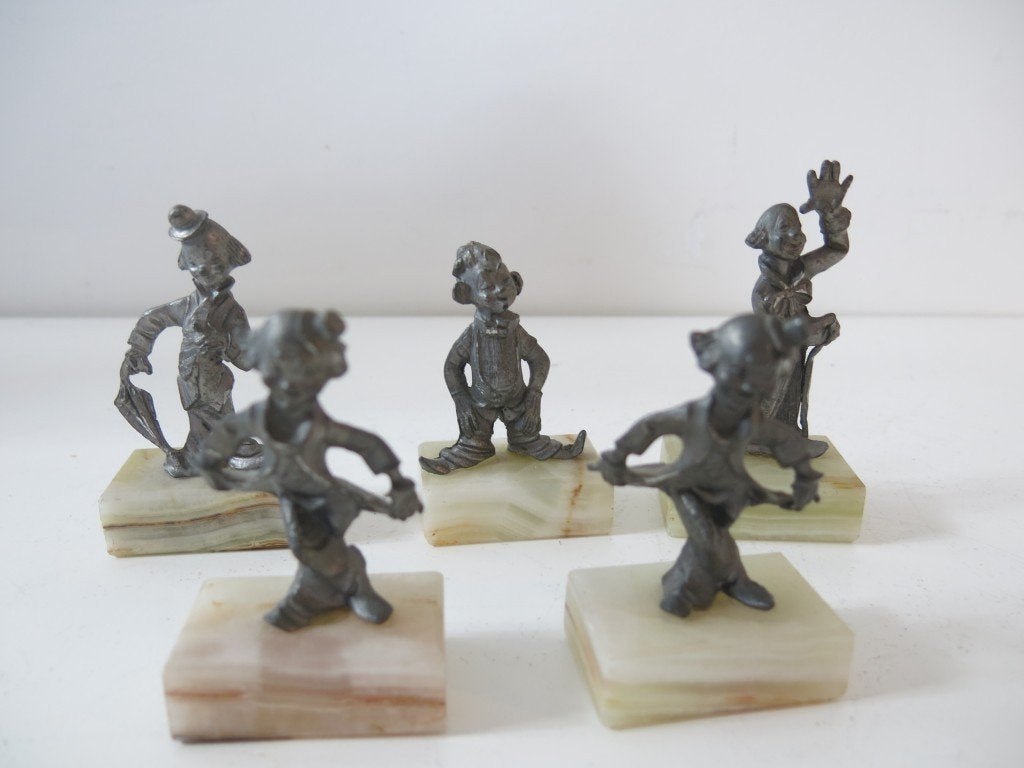 Vintage Set van 5 Tinnen Clowns op Onyx/Marmer Voet, Ophalen of Verzenden