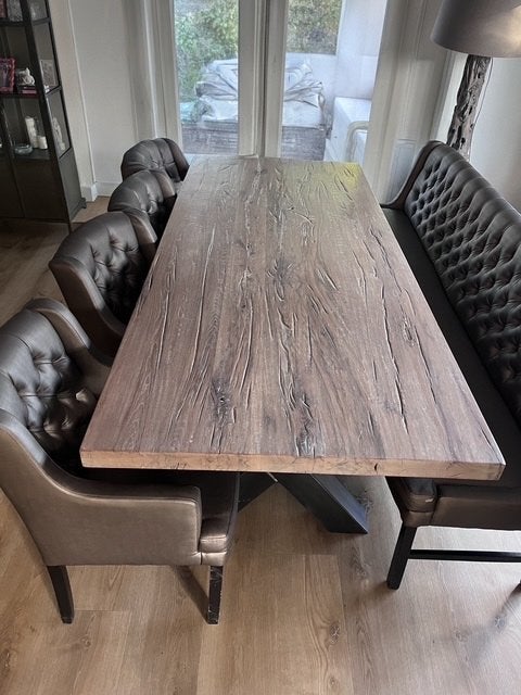 Robuuste eiken eettafel met met stoelen en bank, Huis en Inrichting, Ophalen, Gebruikt, 100 tot 150 cm, Eikenhout
