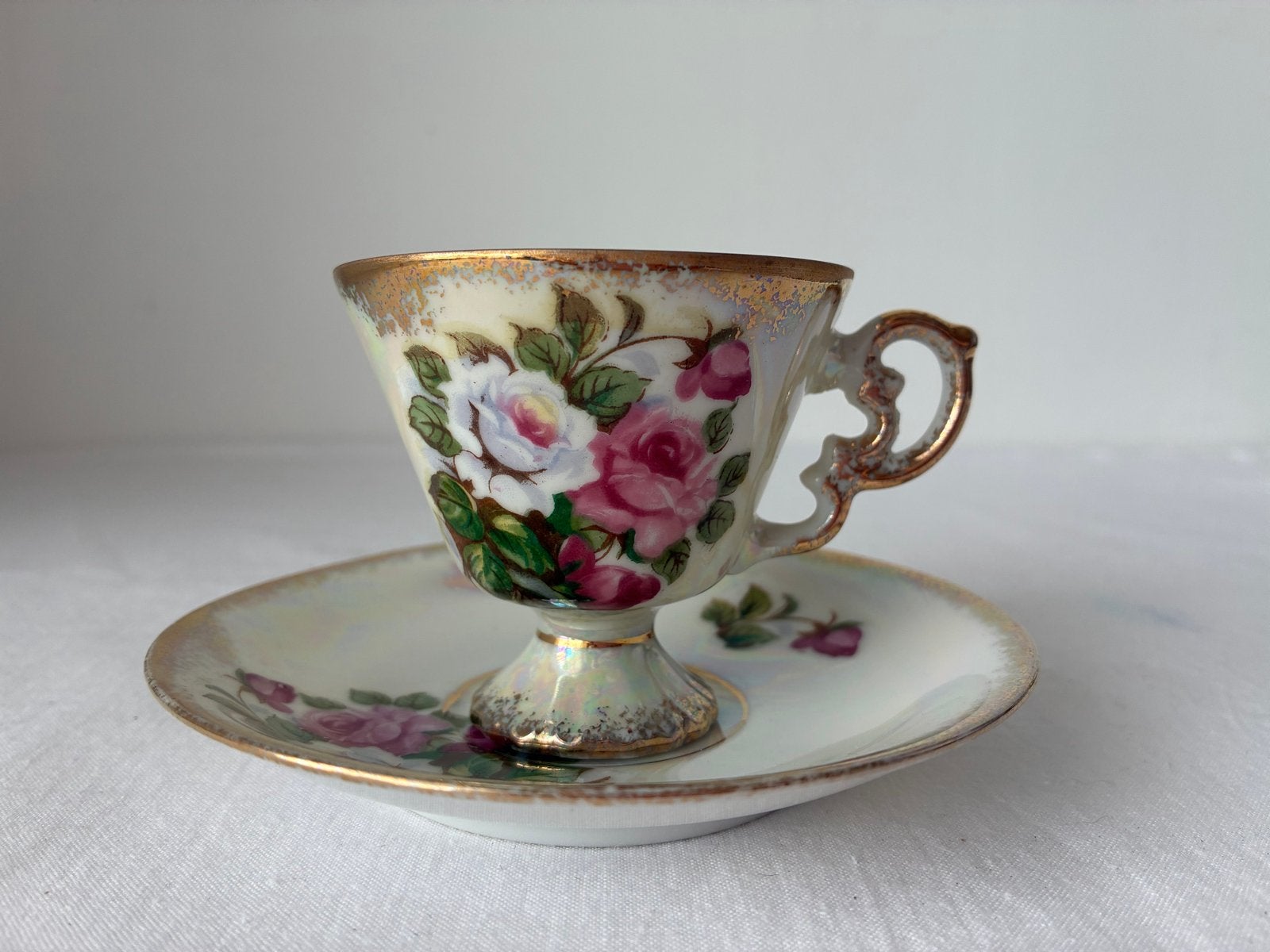 Vintage Royal Porzellan theekopje met schotel, rozen decor, Ophalen of Verzenden