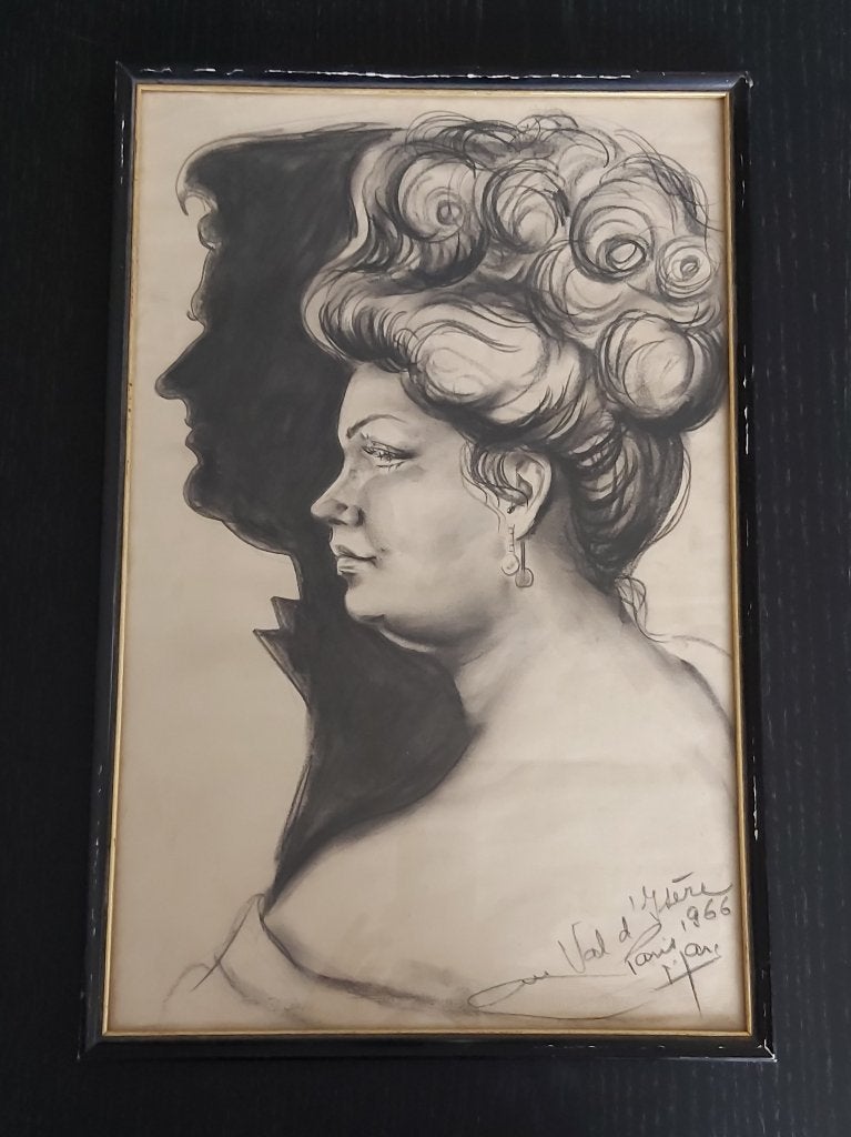 Mooie franse vintage potlood/houtskooltekening dame / heer, Ophalen of Verzenden, Tekening, Potloodtekening, Handgemaakt
