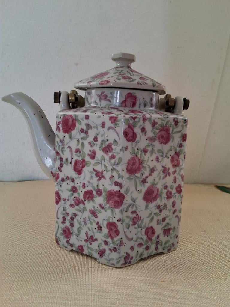 Vintage theepot met rozenmotief en metalen hengsel, Ophalen of Verzenden