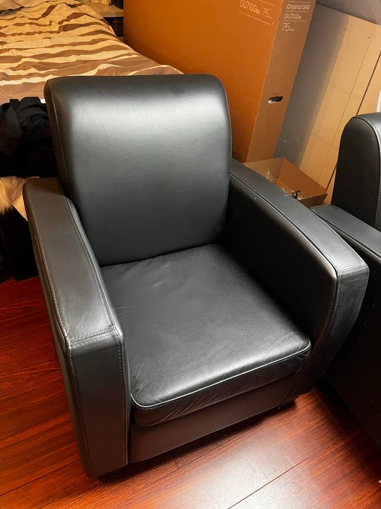 2x Goossens Leren Fauteuils – Zwart – Zo goed als nieuw, Huis en Inrichting, Fauteuils, Ophalen, Zo goed als nieuw, 50 tot 75 cm