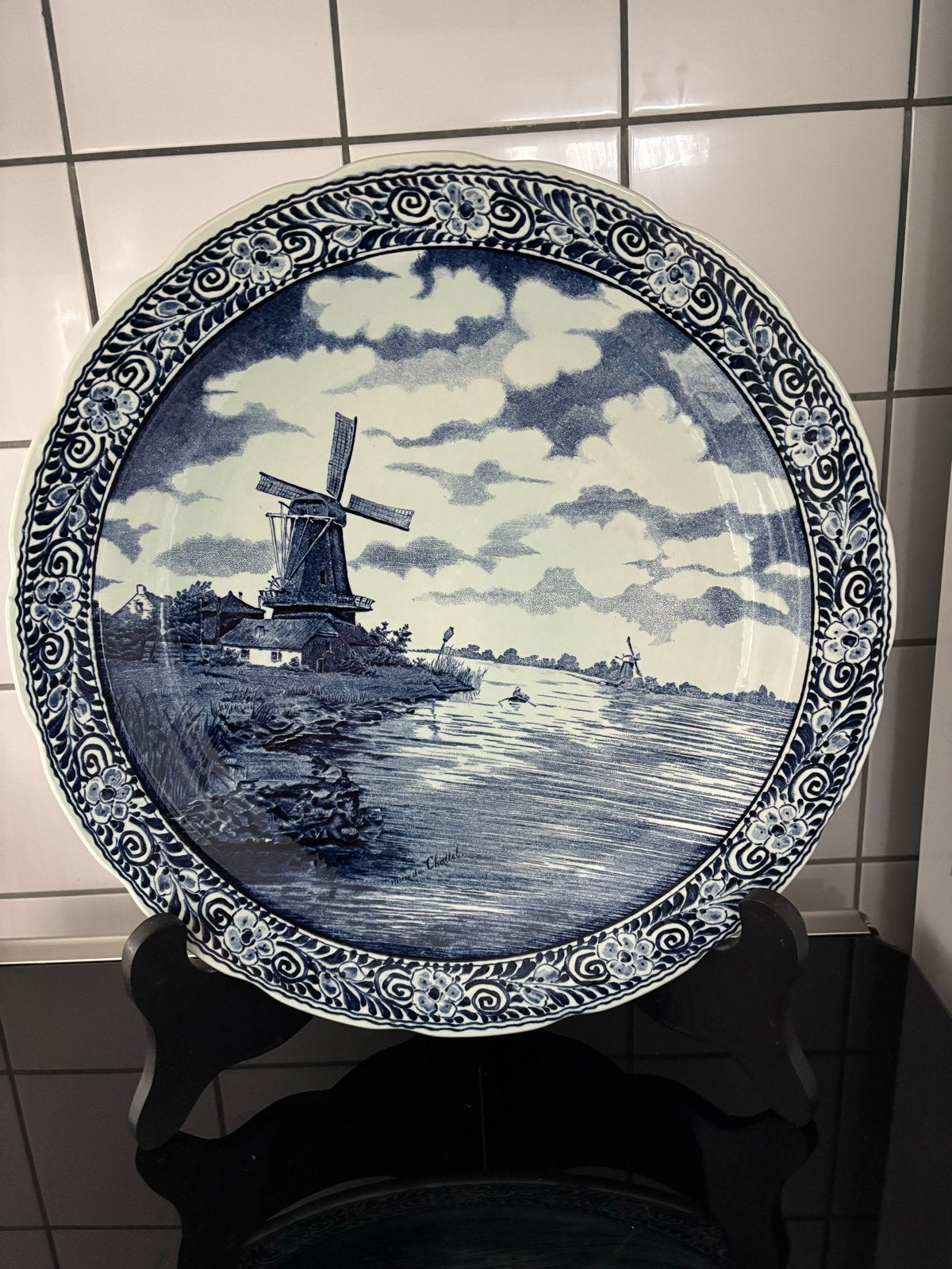 Delfts Blauw Boch wandbord met molenlandschap, Antiek en Kunst, Ophalen of Verzenden