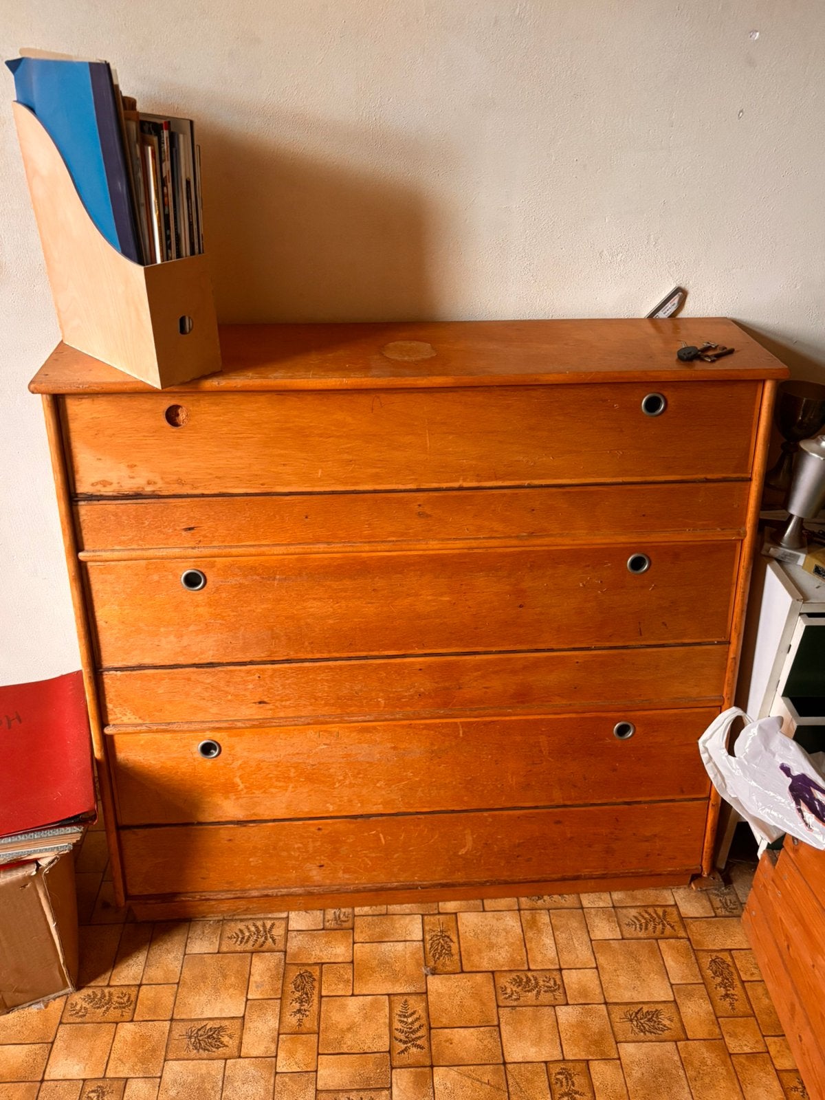 Vintage houten schoolkast / kleppen kast, Huis en Inrichting, Ophalen, Gebruikt, 50 tot 100 cm, 3 of 4 laden