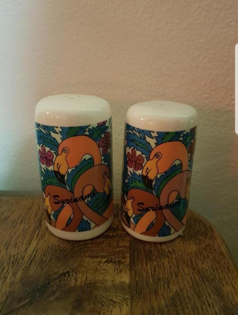 Vintage peper- en zoutstel flamingo – Suriname souvenir, Ophalen of Verzenden, Overige stijlen, Overige typen