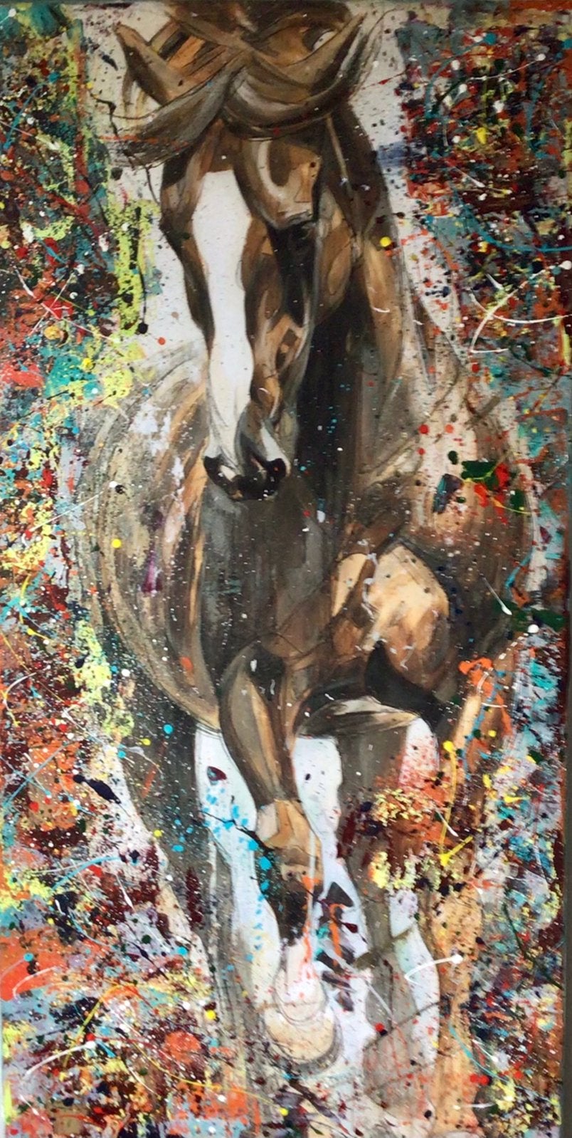 Kleurrijke paard- Katoenen Canvasdoek- Mixed Media-120x60cm, Ophalen of Verzenden, Nieuw, Schilderij