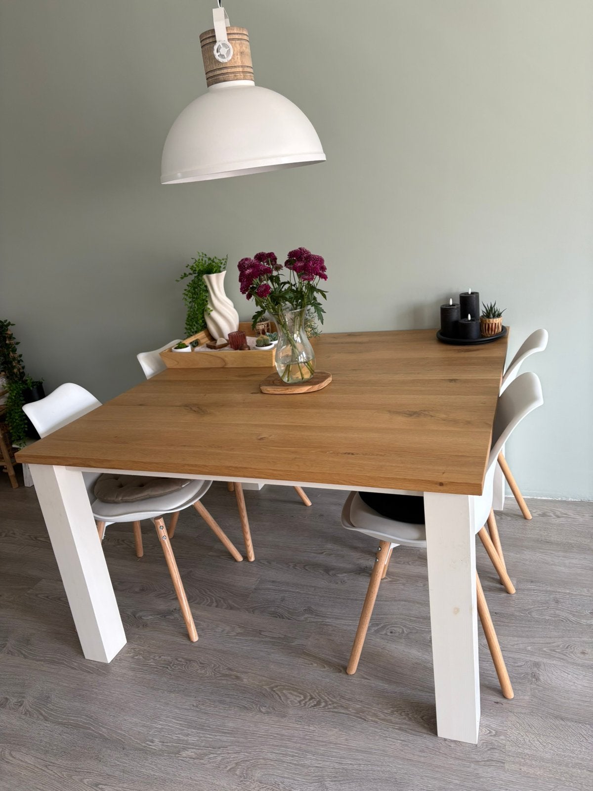 Vierkante eettafel 130x130x76 Eikenhouten blad, Ophalen, 100 tot 150 cm, Scandinavisch , landelijk, 50 tot 100 cm