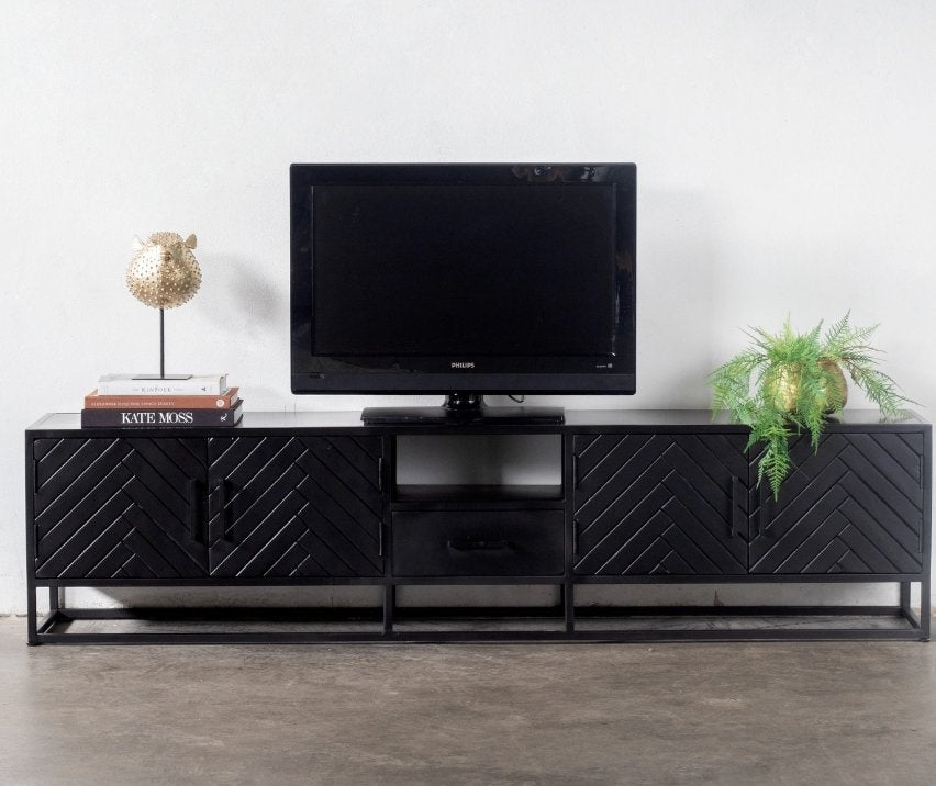 TV Meubel zwart visgraat 210 cm Mangohout & Staal, Gebruikt, Ophalen of Verzenden, 200 cm of meer, Minder dan 100 cm