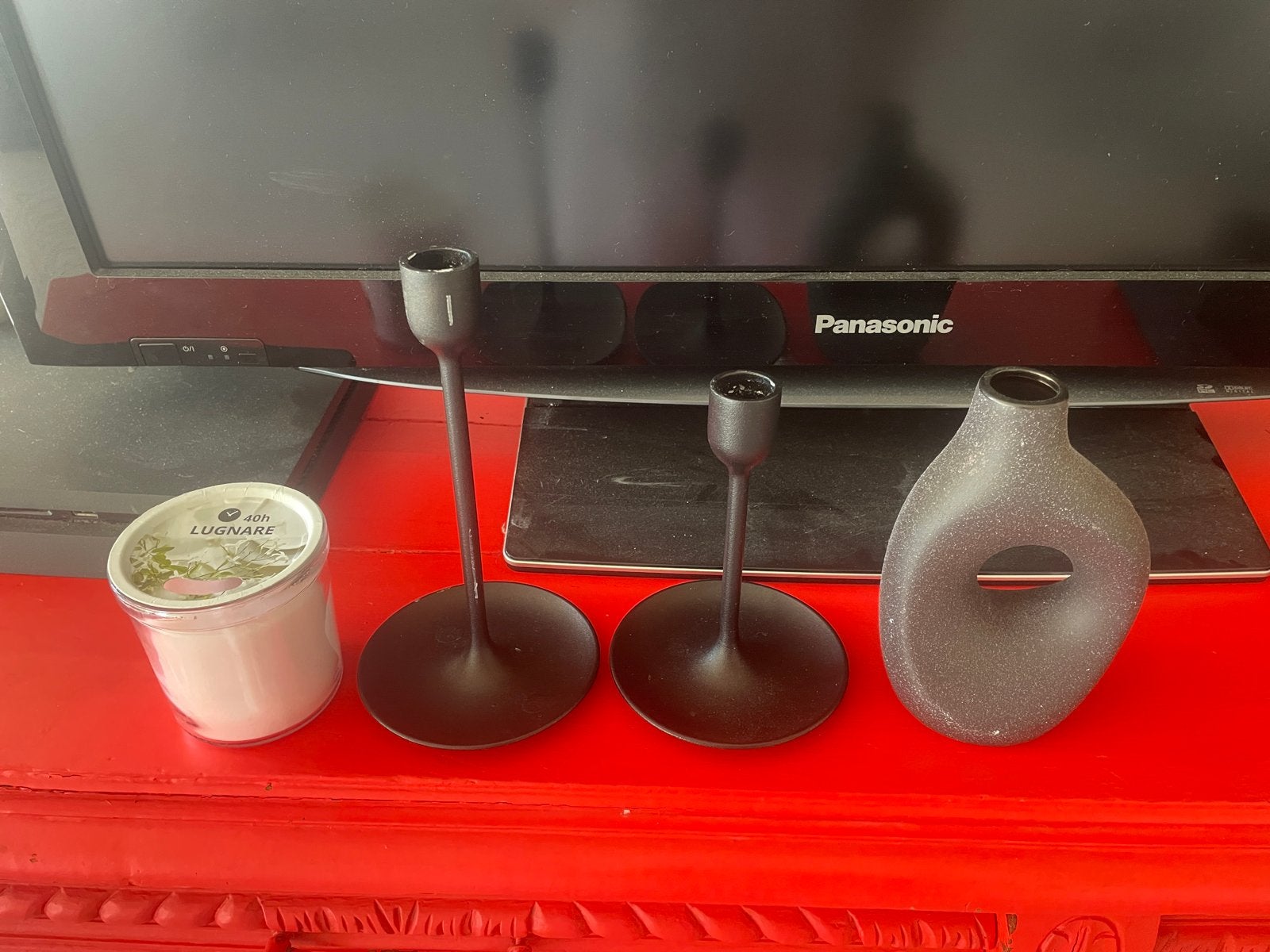 3 candle holders + a candle, Zwart, Ophalen of Verzenden, Zo goed als nieuw, Metaal