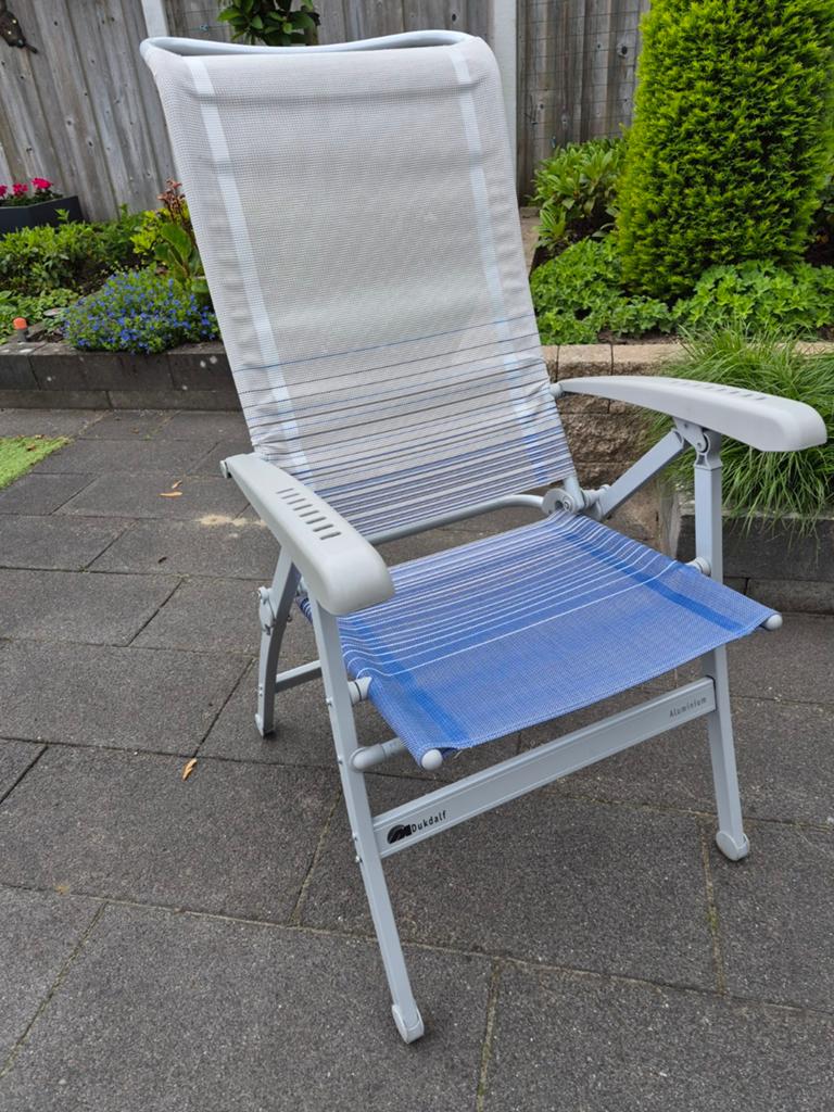 Dukdalf campingstoel met voetensteun - verstelbaar, Tuin en Terras, Ophalen, Gebruikt, Aluminium, Verstelbaar