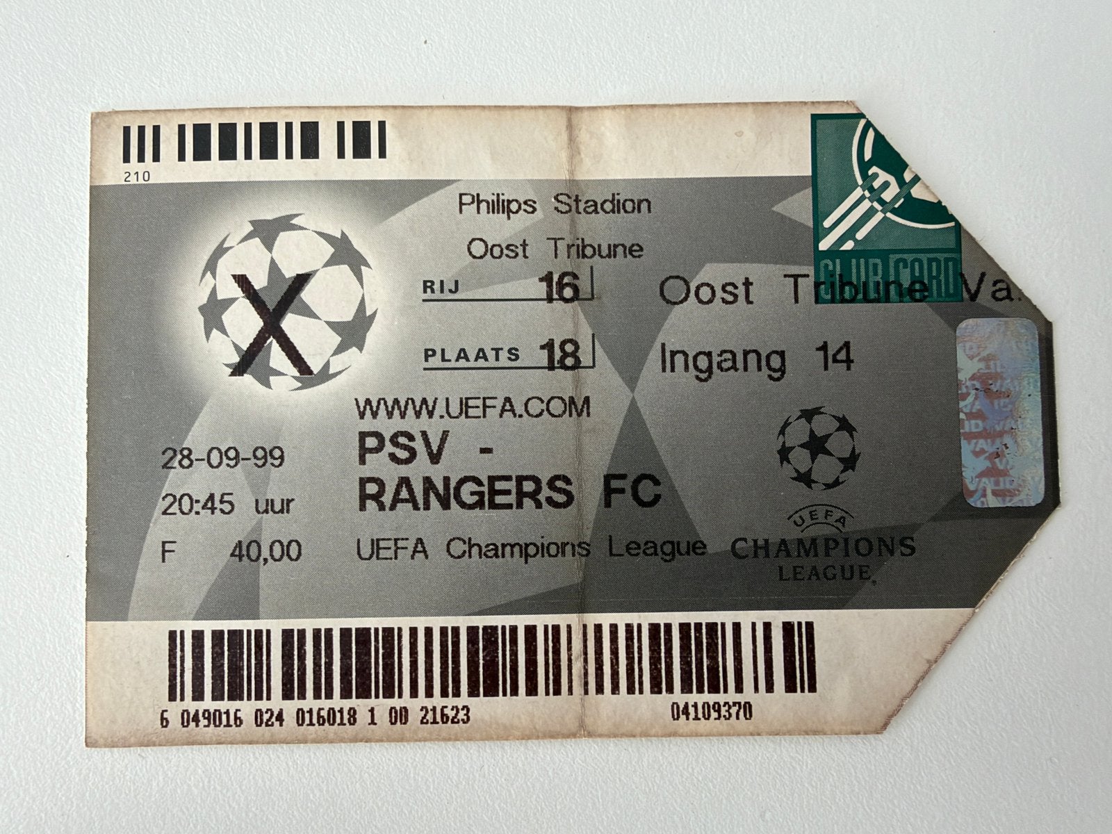 Ticket PSV-Glasgow Rangers FC 99/00 Champions League, Ophalen of Verzenden, Zo goed als nieuw, PSV, Overige typen