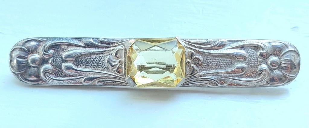 Antiek zilveren broche Jugendstil Artdeco gele steen sieraad, Sieraden, Tassen en Uiterlijk, Antieke sieraden, Ophalen of Verzenden