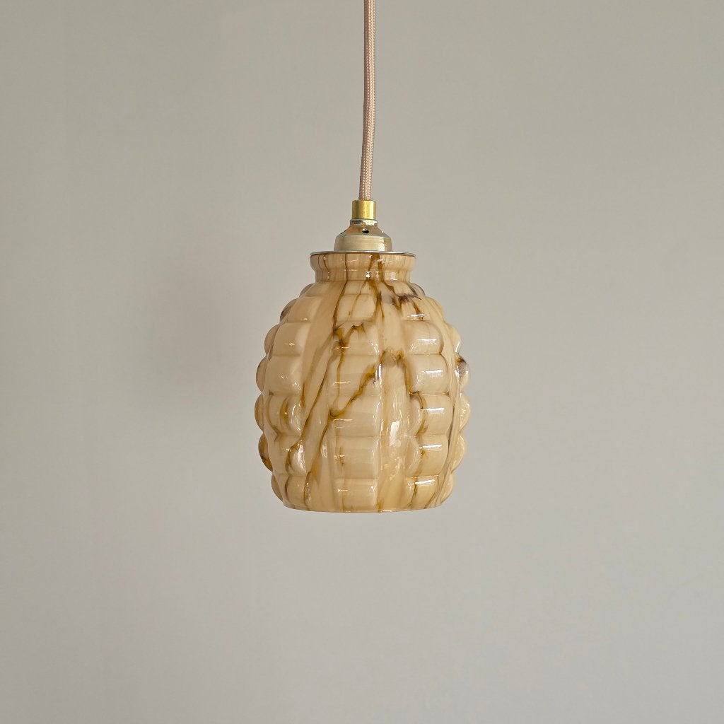 Vintage Franse Glazen Hanglamp – Beige/Bruin | E27, Ophalen of Verzenden