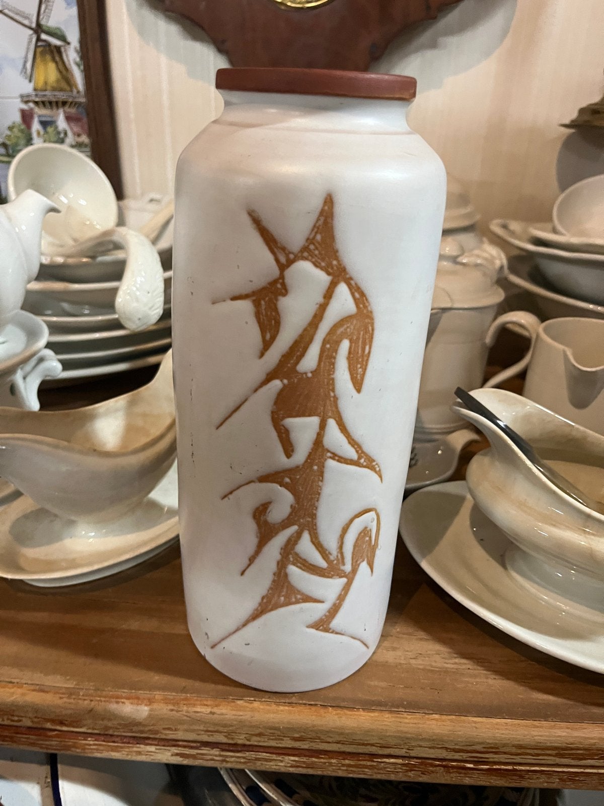 Vintage vaas 26 cm met abstract decor, Ophalen of Verzenden