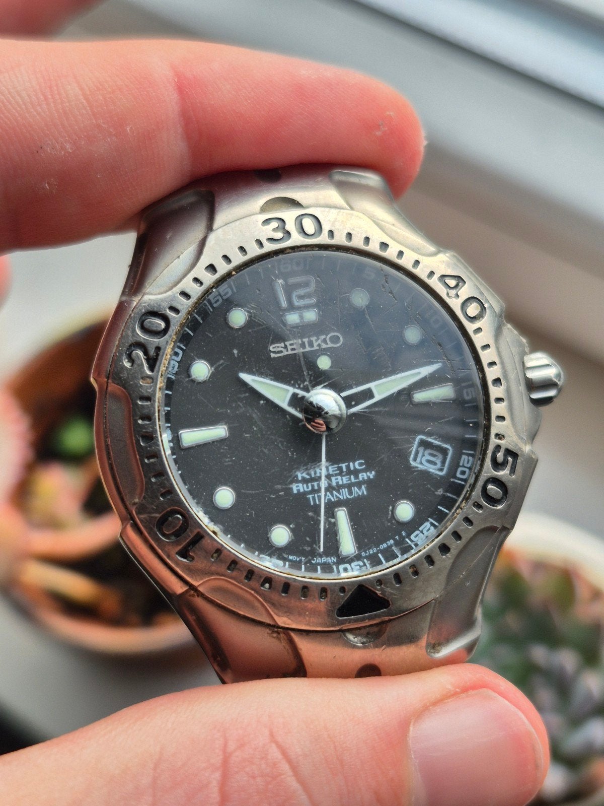 Seiko Kinetic Auto Relay Ref. 5J22-0B89 Titanium Vintage, Seiko, Gebruikt, Seiko Watch Corporation, Zwart