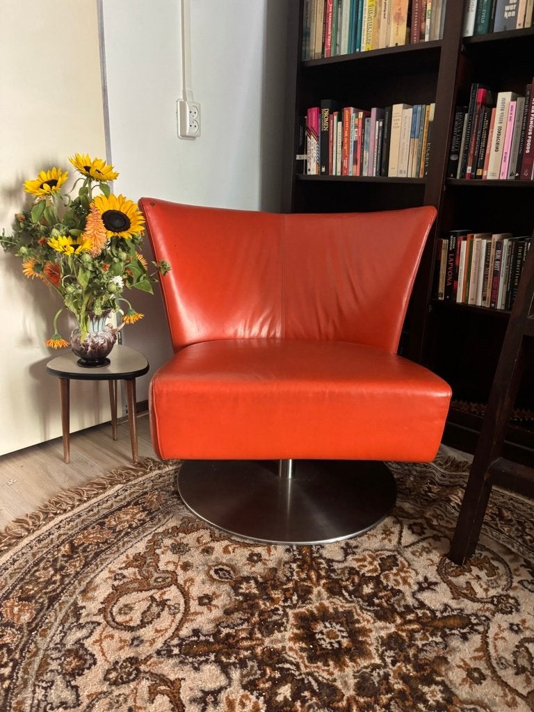 Vintage Jan des Bouvrie Design Draaifauteuil – Oranje Leer, Ophalen, Gebruikt, 75 tot 100 cm, 75 tot 100 cm